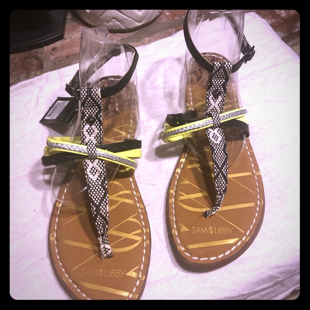 SAM & LIBBY BLK/WHT/NEON Ankle Strap Sandal SZ 10